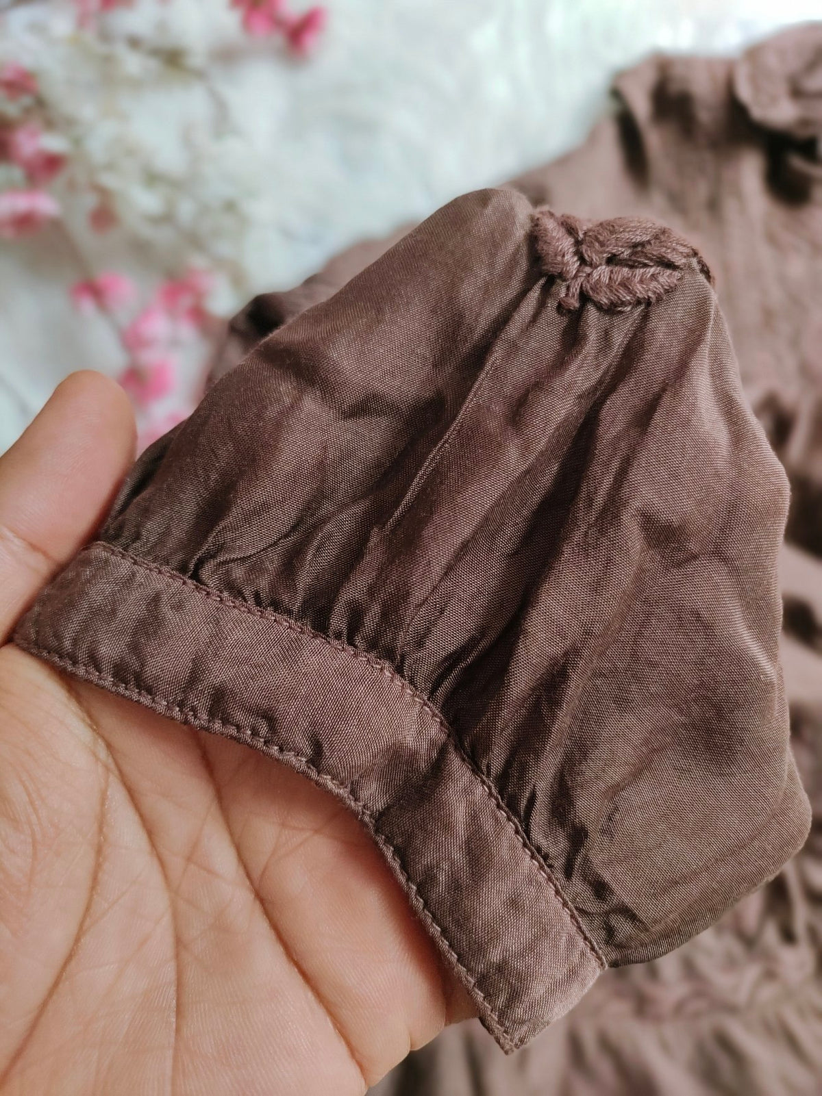 Silk chocolate-colored Chikankari tunic by LVW Fashion, showcasing intricate embroidery and luxurious fabric.