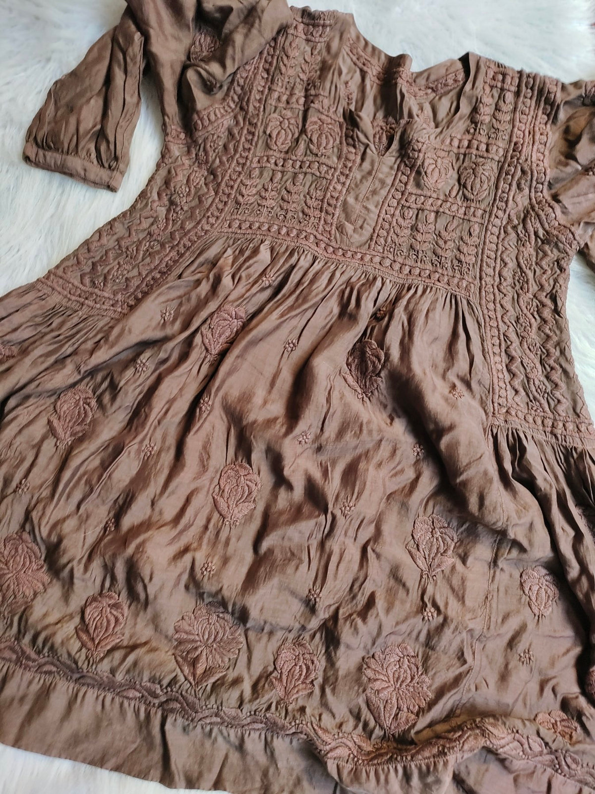 Silk chocolate-colored Chikankari tunic by LVW Fashion, featuring intricate hand-embroidery and elegant traditional design.