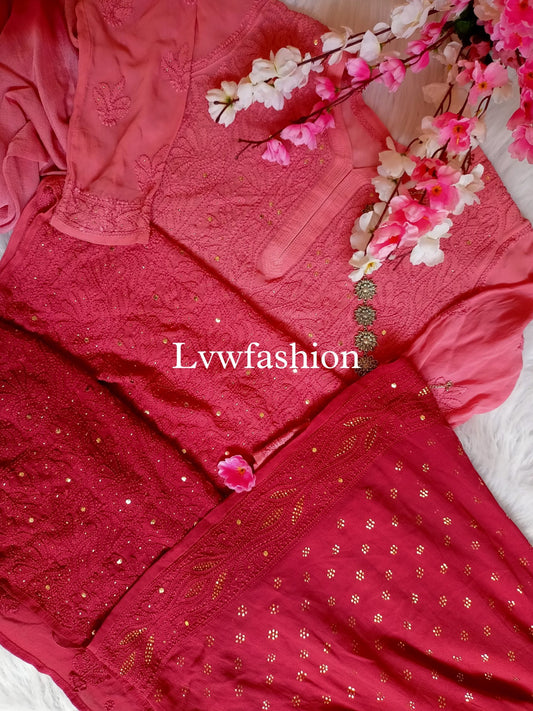 Elegant Miraz premium georgette set with intricate chikankari embroidery in three vibrant colors, designed by LVW Fashion.
