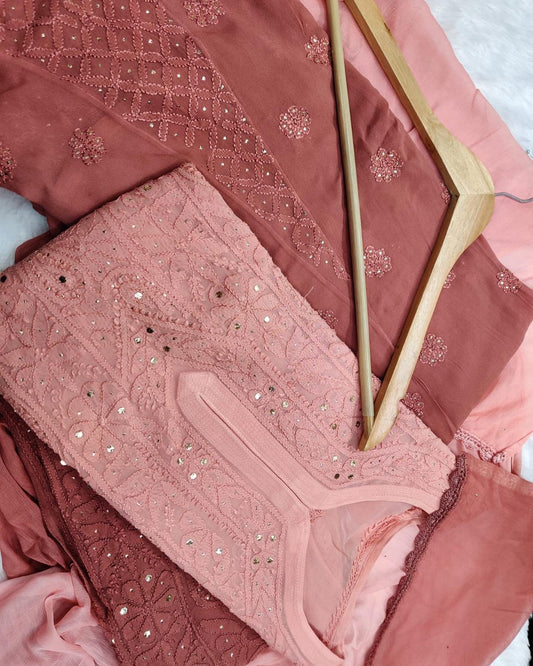 LVW Fashion Miraz premium georgette set with intricate chikankari embroidery in three vibrant colors, displayed on a model.