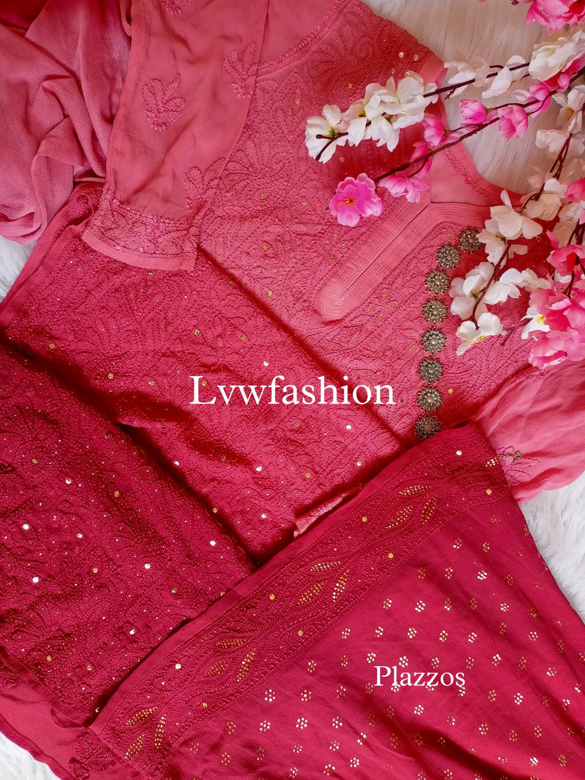 LVW Fashion Miraz premium georgette set in smokey red, featuring intricate chikankari embroidery, available in three colors.
