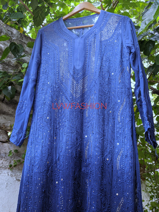 Greyish blue premium georgette long kurta with intricate chikankari embroidery, styled by LVW Fashion Luxurious Chikankari.