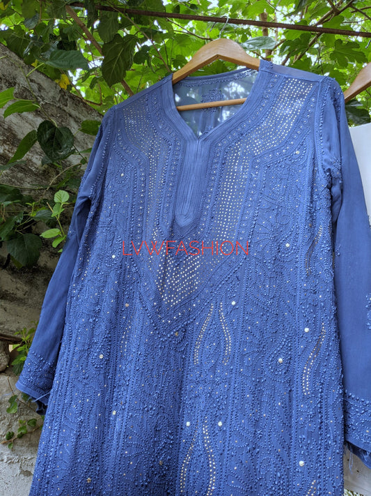 Greyish blue premium georgette long kurta with intricate chikankari embroidery, designed by LVW Fashion Luxurious Chikankari.