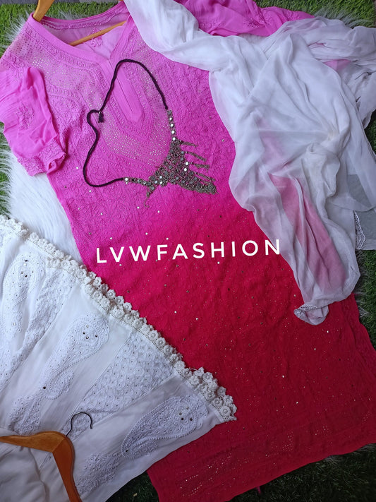 LVW Fashion Sonia hot pink premium georgette 3-piece set featuring elegant chikankari embroidery and traditional design.
