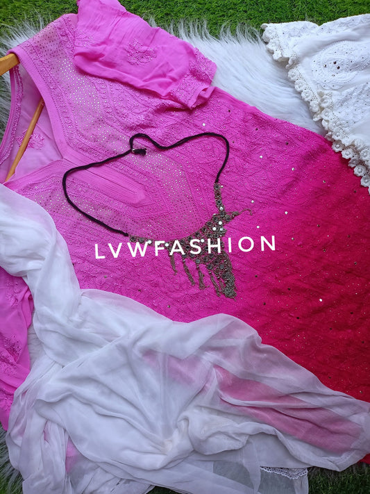 Hot pink Sonia 3-piece set by LVW Fashion in luxurious georgette with intricate chikankari embroidery, shown on a model.