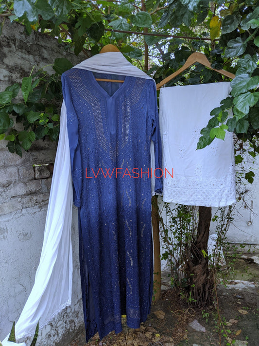 LVW Fashion Sonia Kurta Set 3-piece in premium georgette featuring intricate chikankari embroidery, elegant ethnic attire.