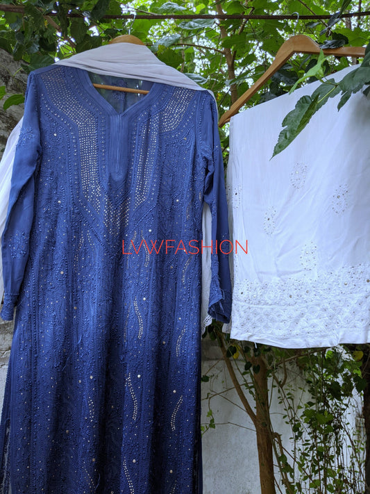 LVW Fashion Sonia Kurta Set 3-piece in premium georgette with intricate chikankari embroidery, featuring a kurta, leggings, and dupatta.