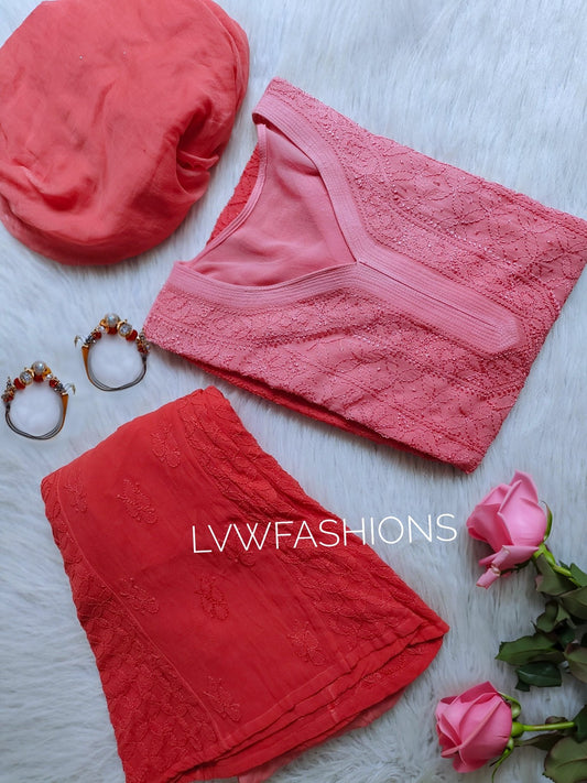 Peach Sukoon premium georgette kurta set with intricate handmade chikankari embroidery, crafted by LVW Fashion.