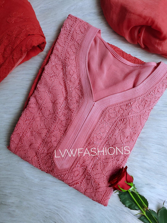 Peach Sukoon premium georgette kurta set with intricate handmade chikankari embroidery, designed by LVW Fashion.