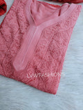 Peach Sukoon Premium Georgette Kurta Set with intricate handmade Chikankari embroidery by LVW Fashion, featuring traditional design.
