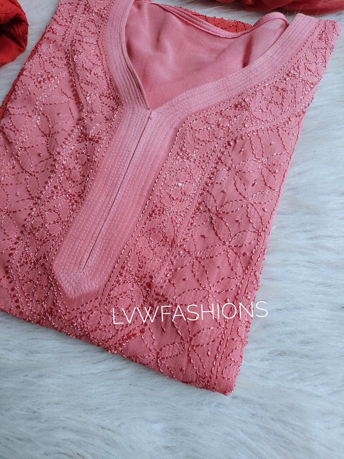 Peach Sukoon Premium Georgette Kurta Set with intricate handmade Chikankari embroidery by LVW Fashion, featuring traditional design.