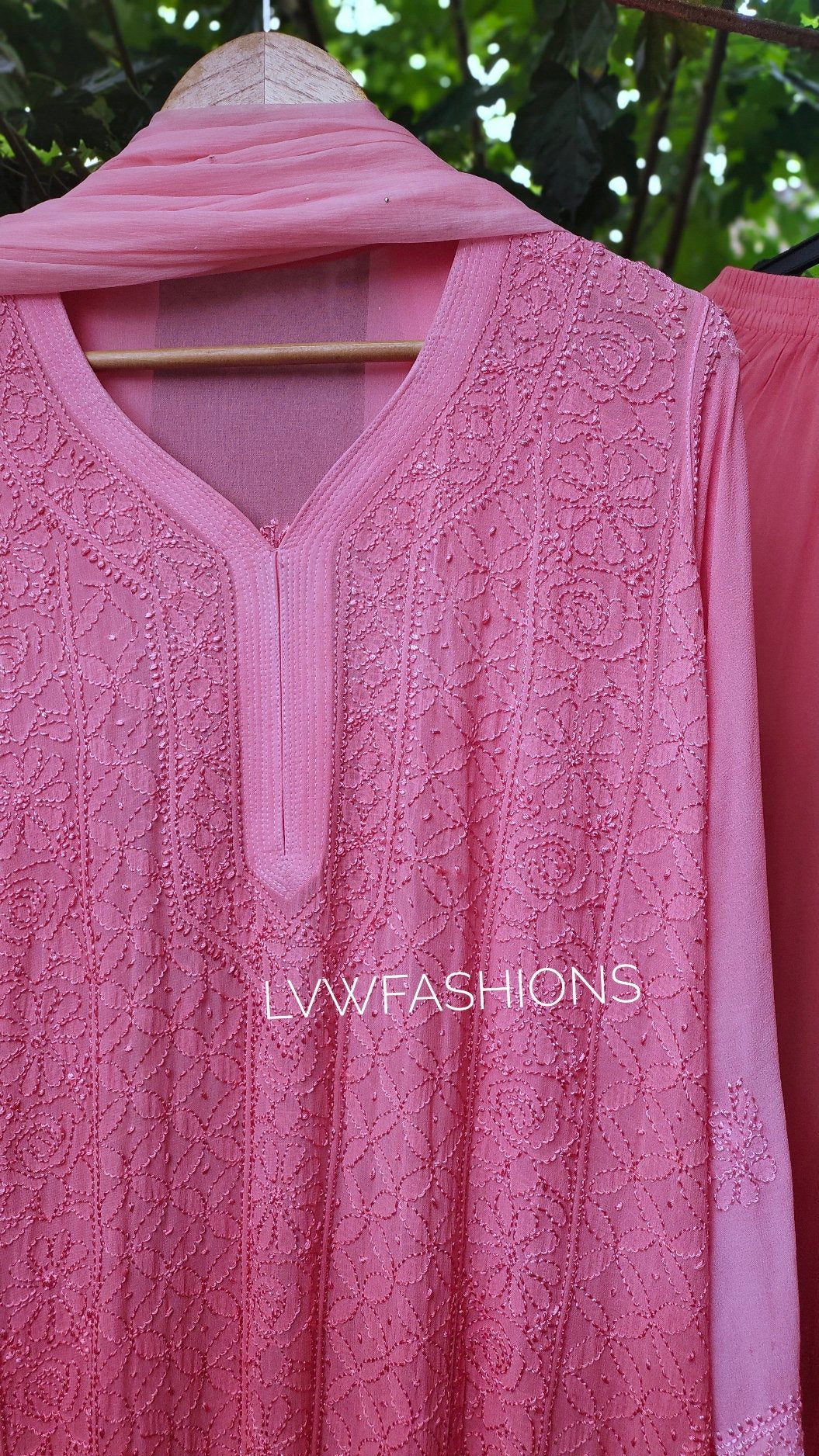 Peach Sukoon premium georgette kurta set with intricate handmade chikankari embroidery, by LVW Fashion Luxurious Chikankari.