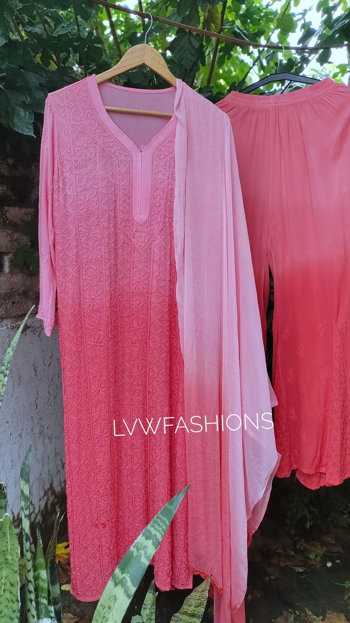 Peach Sukoon Kurta Set in premium georgette with handmade chikankari embroidery, by LVW Fashion, featuring a traditional design.