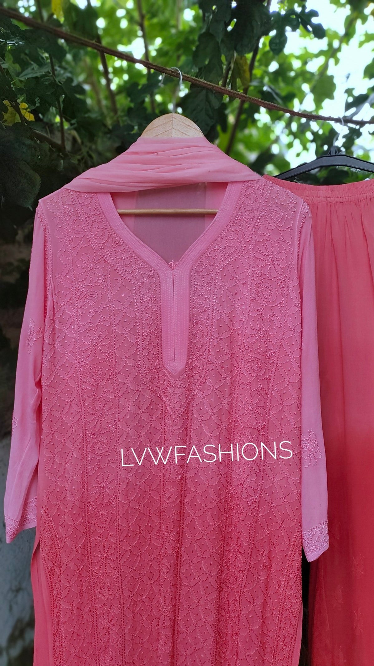 Peach Sukoon premium georgette kurta set with intricate handmade chikankari embroidery, crafted by LVW Fashion Luxurious Chikankari.