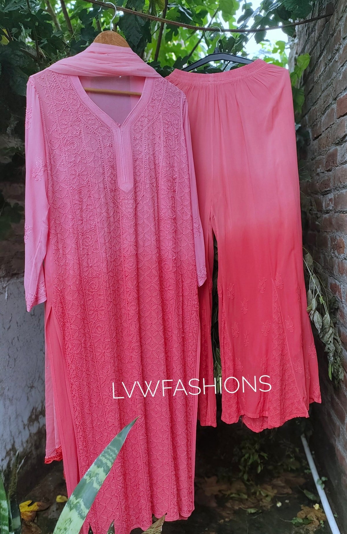 Peach Sukoon premium georgette kurta set with intricate handmade chikankari embroidery, from LVW Fashion Luxurious Chikankari.