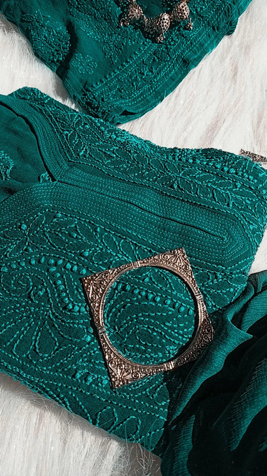 Teal green premium georgette 3-piece set by LVW Fashion featuring intricate chikankari embroidery and elegant traditional design.
