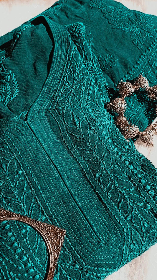Teal green premium georgette 3-piece set with intricate chikankari embroidery by LVW Fashion, displayed on a flat surface.