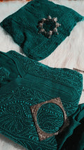 Teal green premium georgette 3-piece set by LVW Fashion Luxurious Chikankari, featuring intricate embroidery and elegant design.
