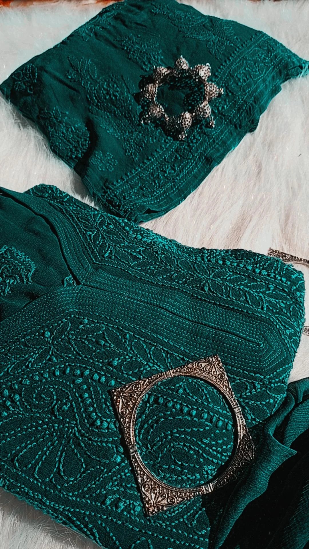 Teal green premium georgette 3-piece set by LVW Fashion Luxurious Chikankari, featuring intricate embroidery and elegant design.