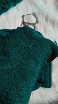 Teal green premium georgette 3-piece set by LVW Fashion Luxurious Chikankari, featuring intricate embroidery and elegant design.