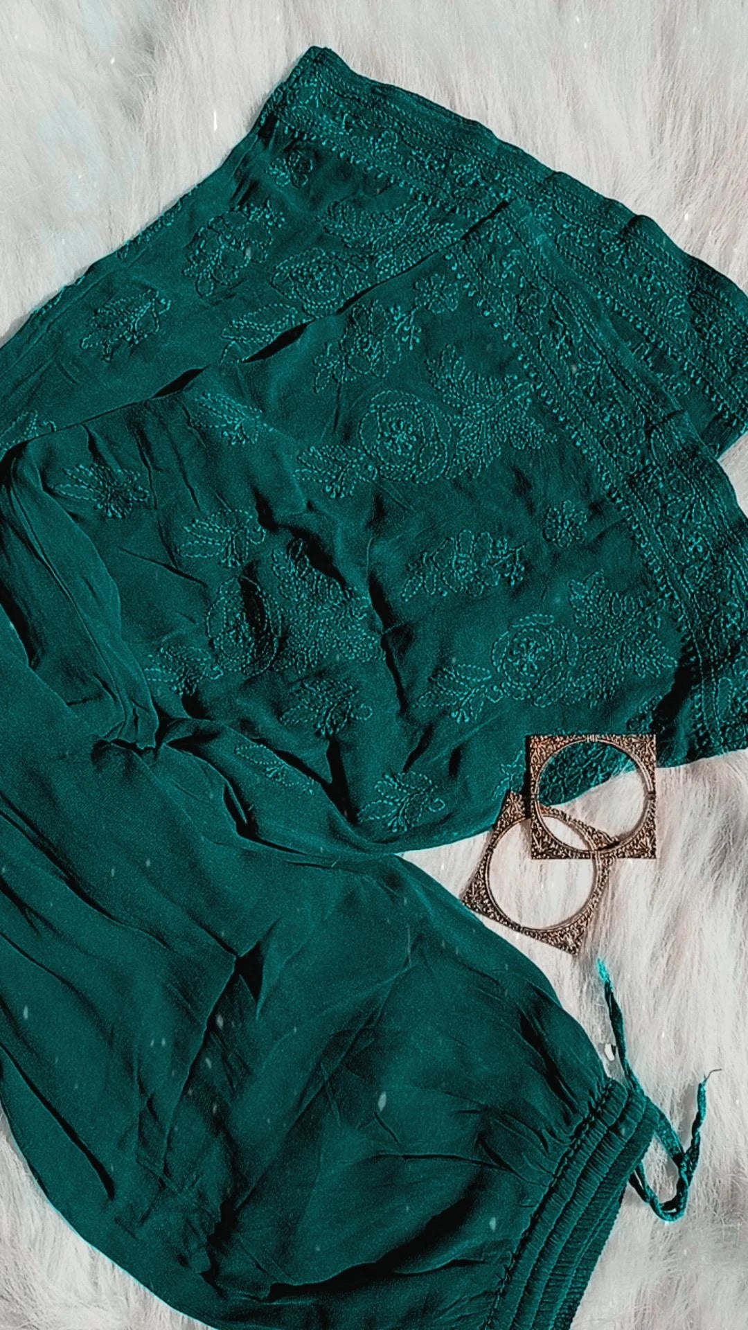 Teal green premium georgette 3-piece set by LVW Fashion Luxurious Chikankari, featuring intricate embroidery and elegant design.