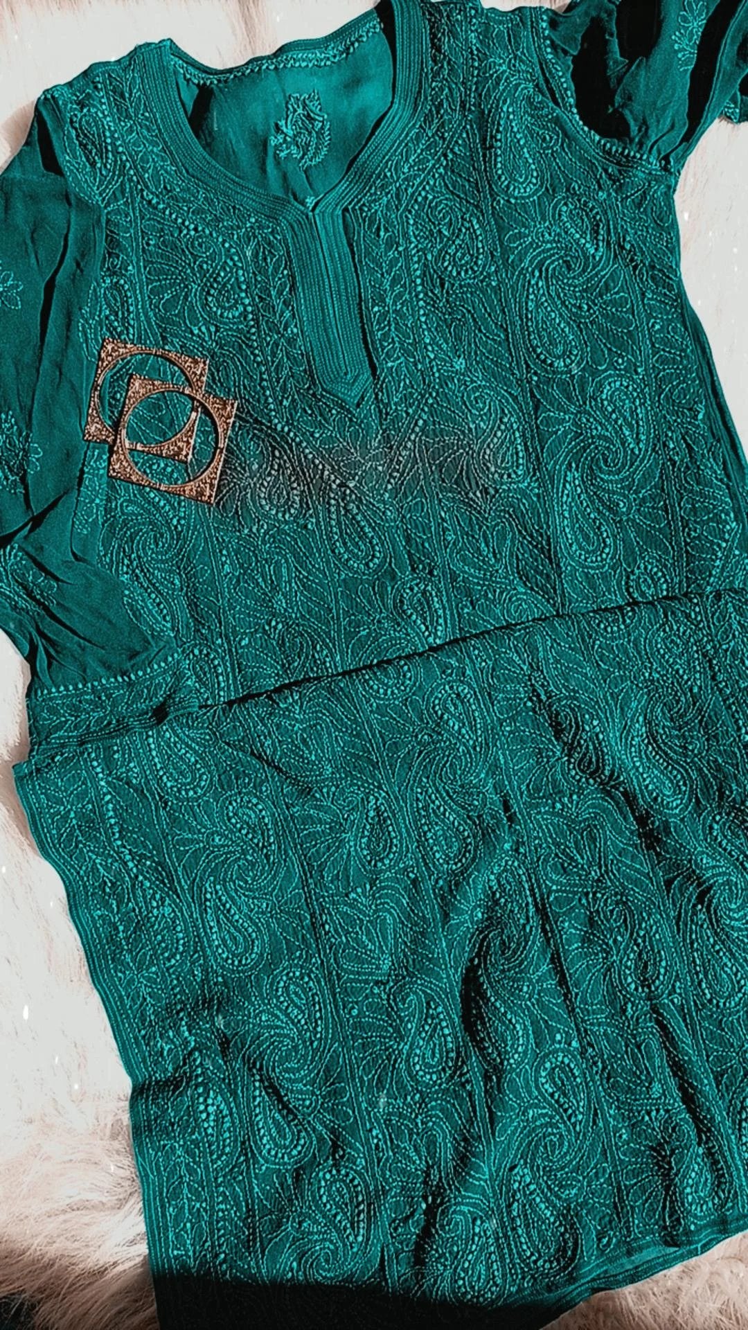 Teal green premium georgette 3-piece set by LVW Fashion Luxurious Chikankari, featuring intricate embroidery and elegant design.