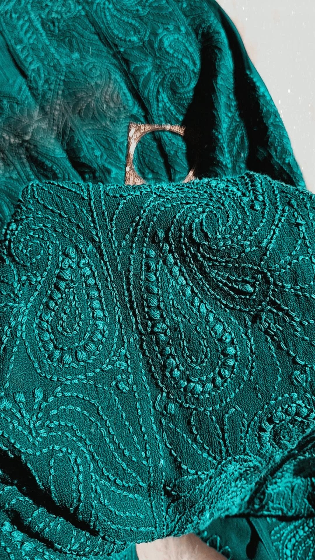 Teal green premium georgette 3-piece set from LVW Fashion Luxurious Chikankari, featuring intricate embroidery and elegant fabric.