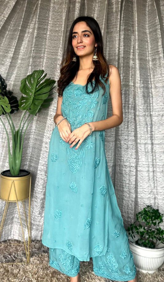 Turquoise Tulip Plazzos Straps set by LVW Fashion Luxurious Chikankari, featuring stylish pants with straps and intricate detailing.