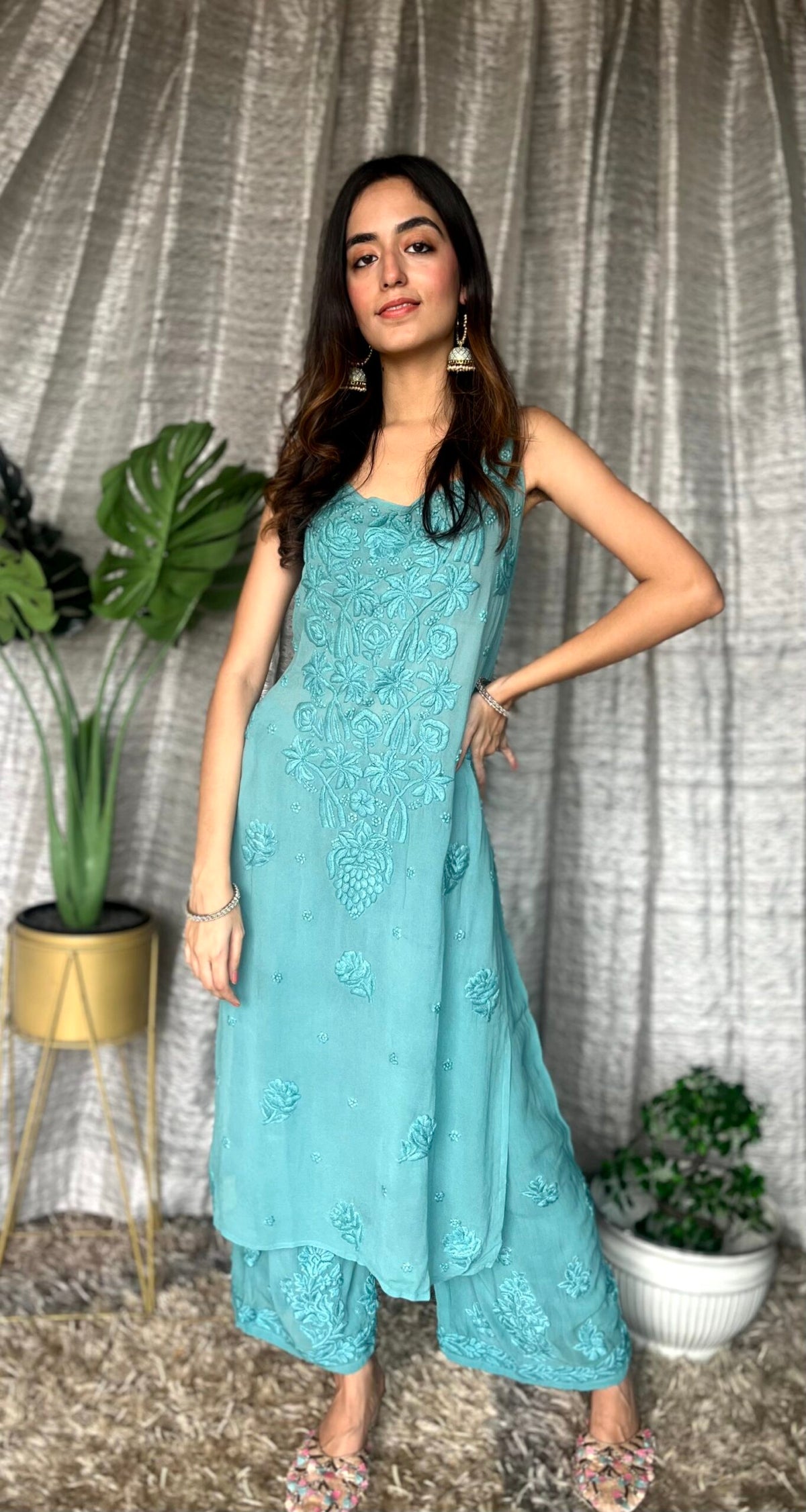 Turquoise "Tulip" Plazzos Straps set by LVW Fashion Luxurious Chikankari, featuring stylish plazzos and straps in vibrant turquoise.