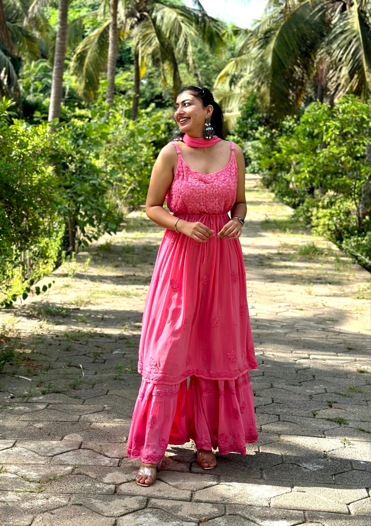 Pink Tulip Tunic and Gharara set in premium georgette with intricate Chikankari embroidery by LVW Fashion.