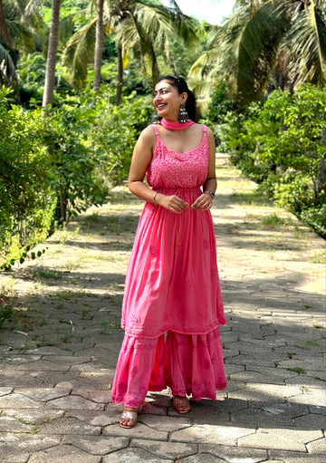 Pink Tulip Tunic and Gharara set in premium georgette with intricate Chikankari embroidery by LVW Fashion.