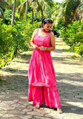 Pink Tulip Tunic and Gharara set by LVW Fashion in premium georgette with intricate Chikankari embroidery.