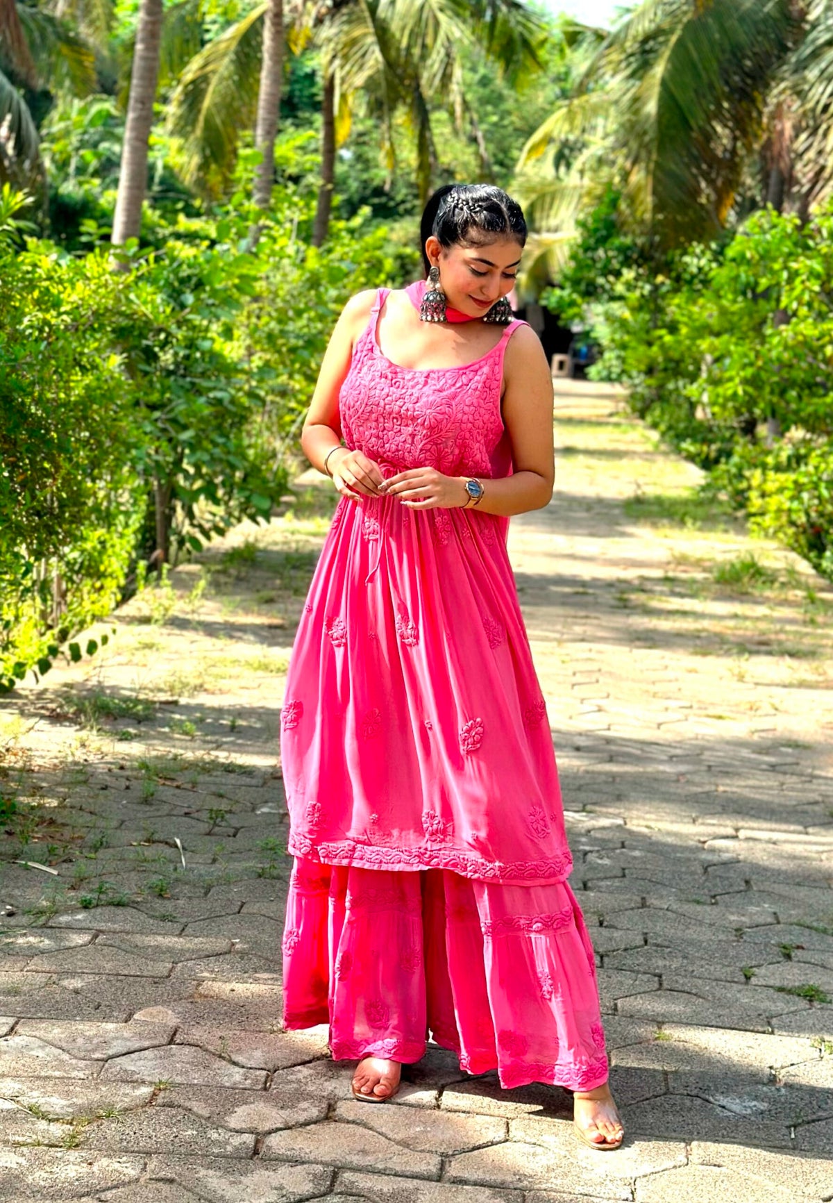 Pink Tulip Tunic and Gharara set by LVW Fashion in premium georgette with intricate Chikankari embroidery.