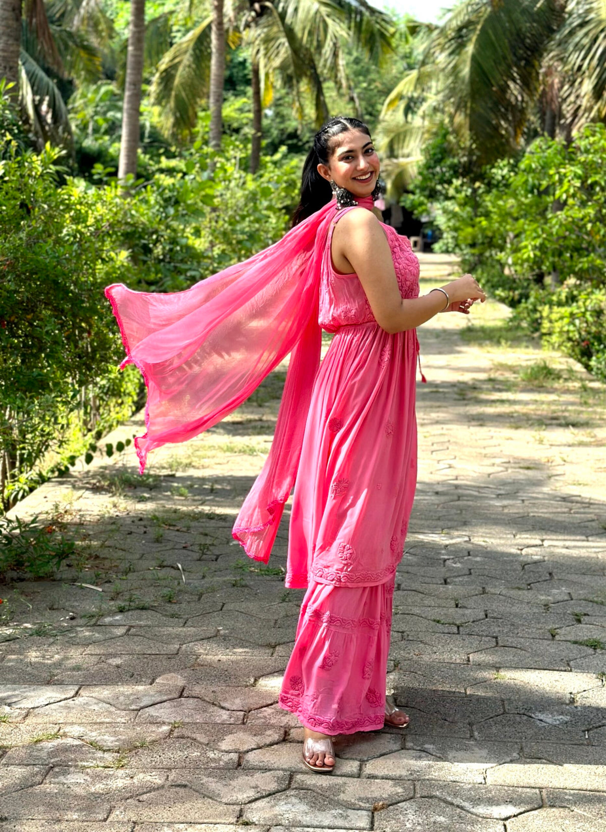 Pink Tulip Tunic and Gharara set in premium georgette with intricate Chikankari embroidery from LVW Fashion.