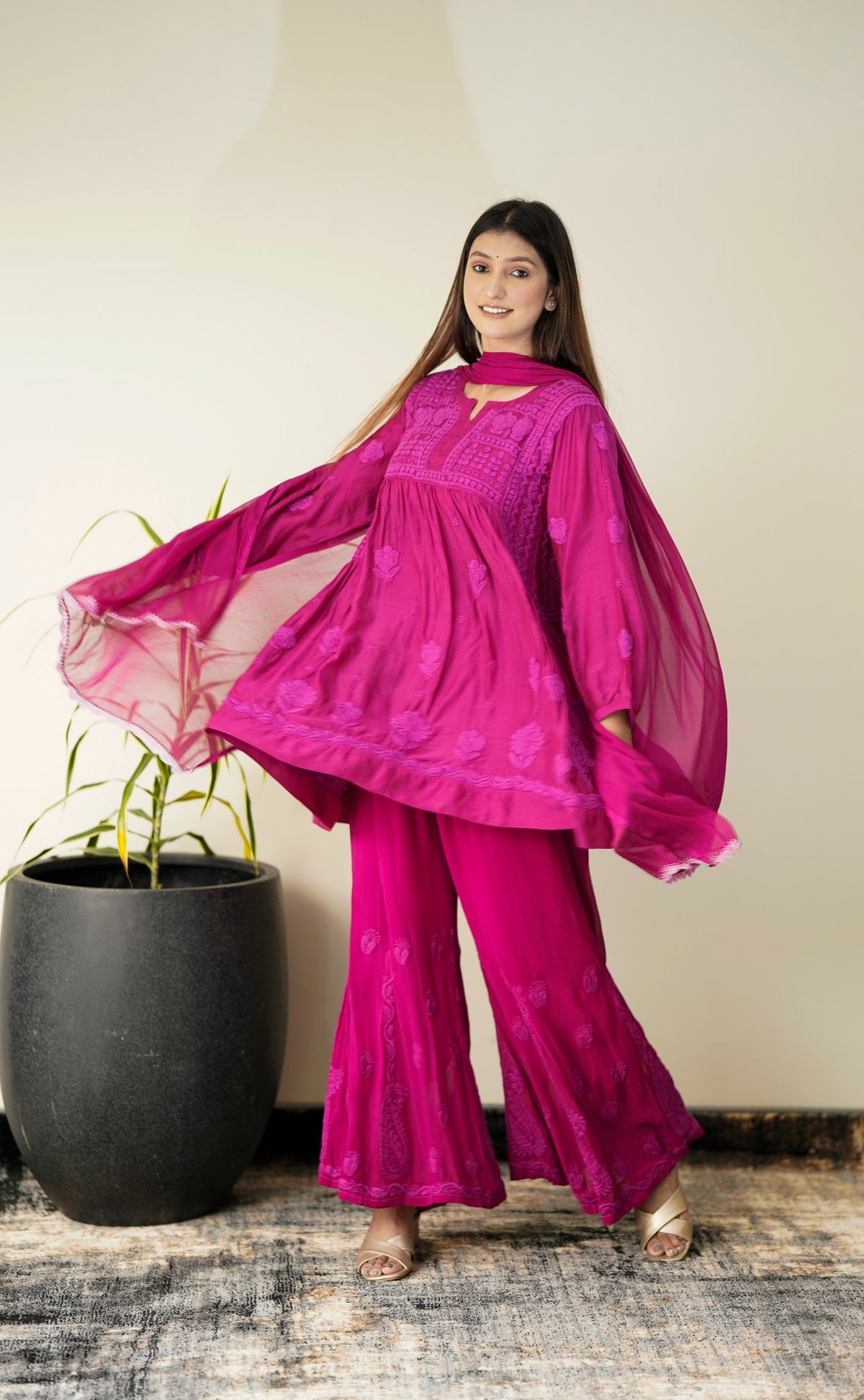 Luxurious Tulip Tunic and Plazzos set in premium muslin silk by LVW Fashion, featuring elegant Chikankari embroidery.