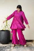 LVW Fashion luxurious Chikankari Tulip Tunic and Plazzos set in premium muslin silk, showcasing intricate embroidery and elegant design.