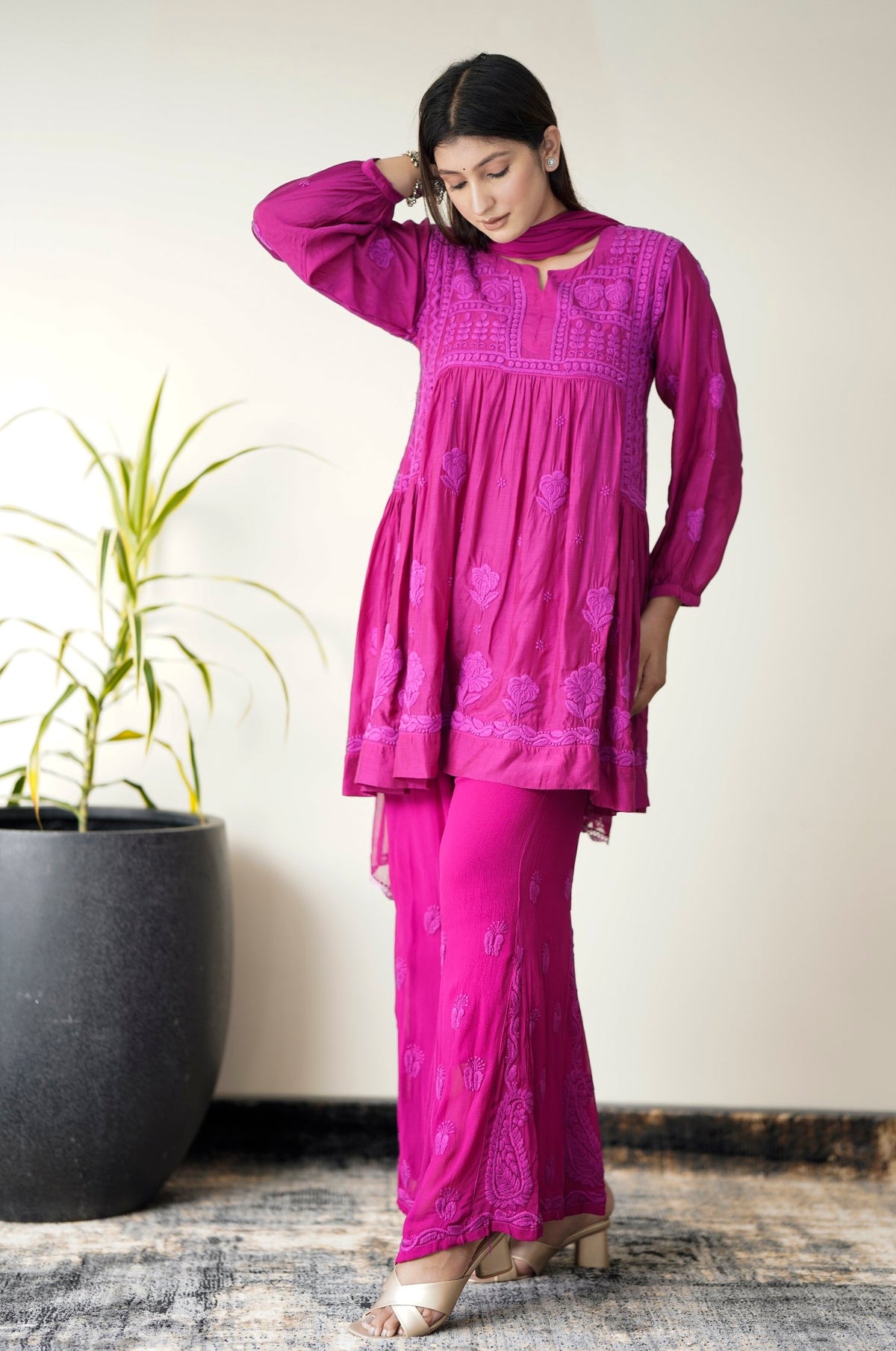 Luxurious Tulip Tunic and Plazzos set by LVW Fashion in premium muslin silk with intricate Chikankari embroidery.