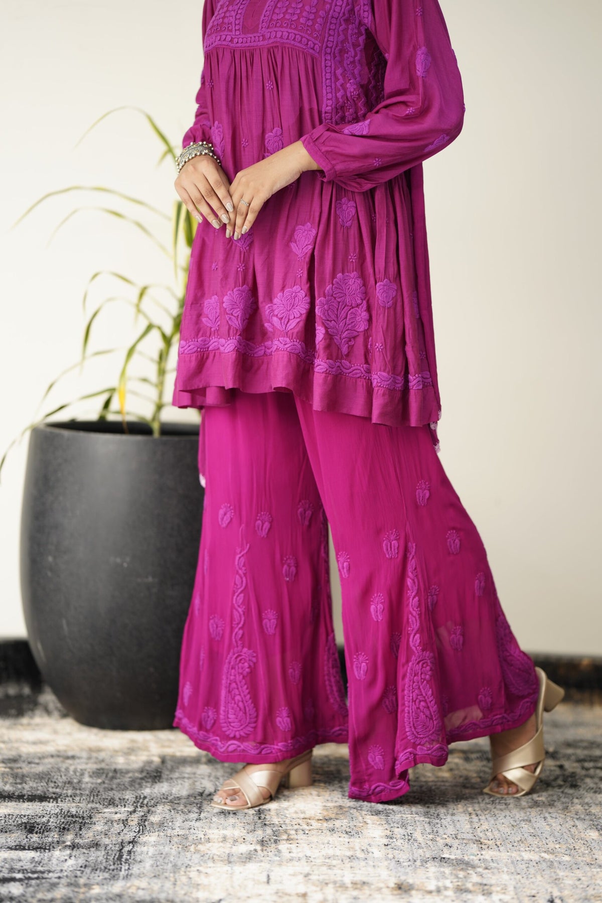 LVW Fashion luxurious Chikankari tulip tunic and plazzos set in premium muslin silk, showcasing intricate embroidery and elegant design.