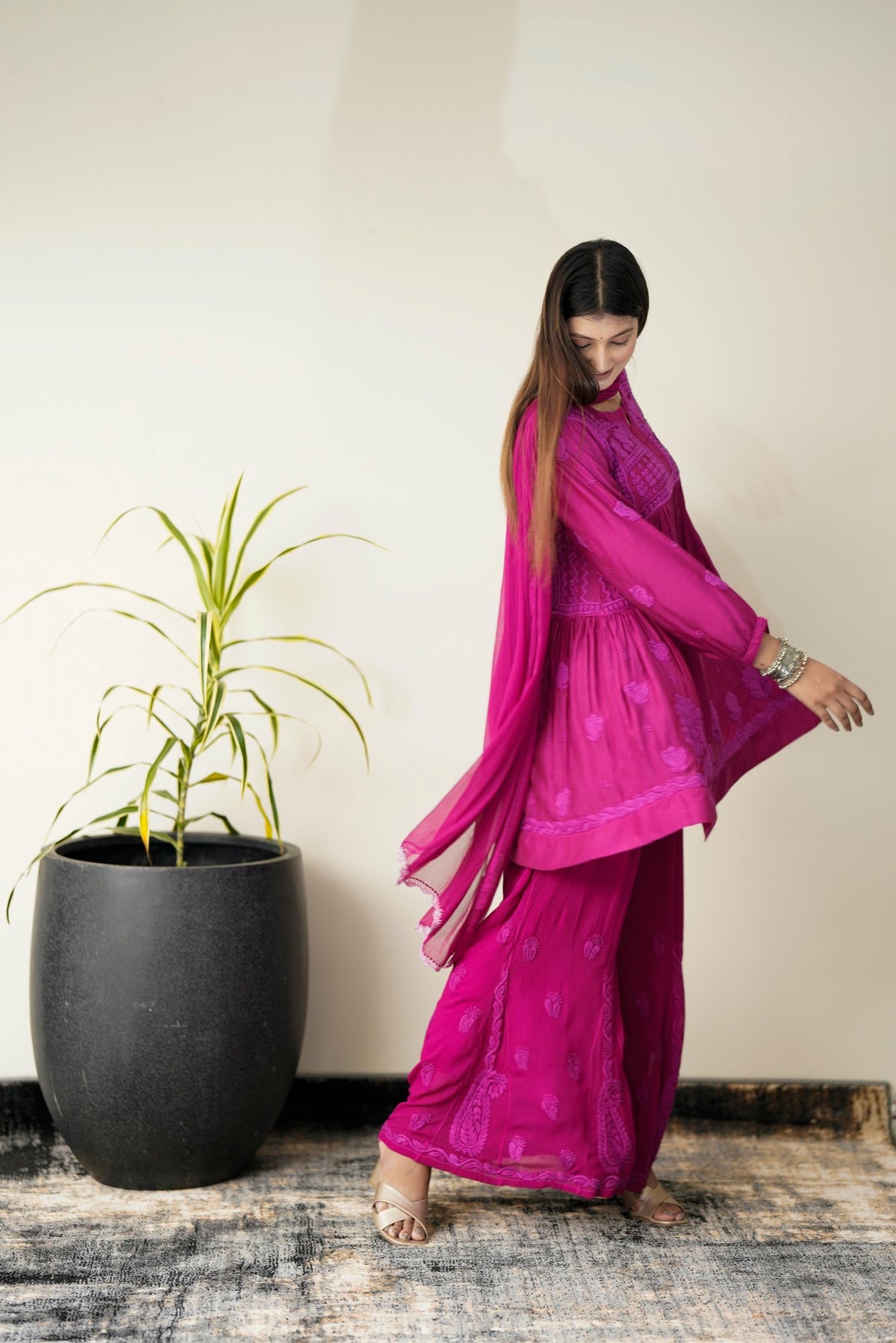 Luxurious LVW Fashion Tulip Tunic and Plazzos set in premium muslin silk with intricate chikankari embroidery.