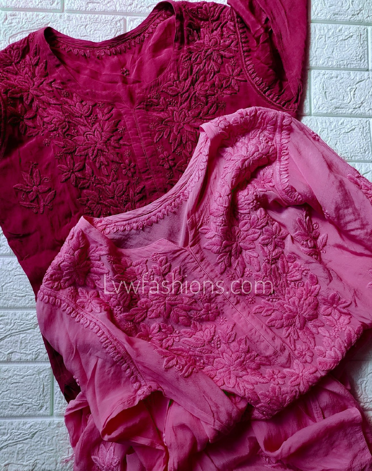 Neer Silk Chikankari Kurti with inner, luxurious LVW Fashion Chikankari, featuring intricate embroidery in Tyrian color.