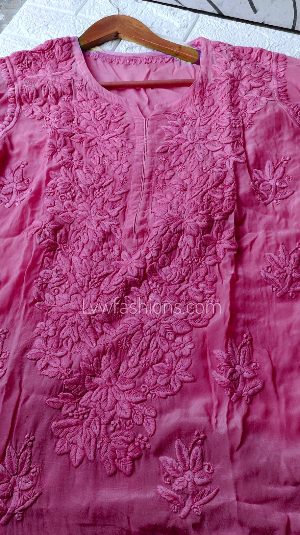 Luxurious LVW Fashion Neer Silk Chikankari Kurti with Inner, Tyrian color, featuring intricate embroidery and comfortable fit.