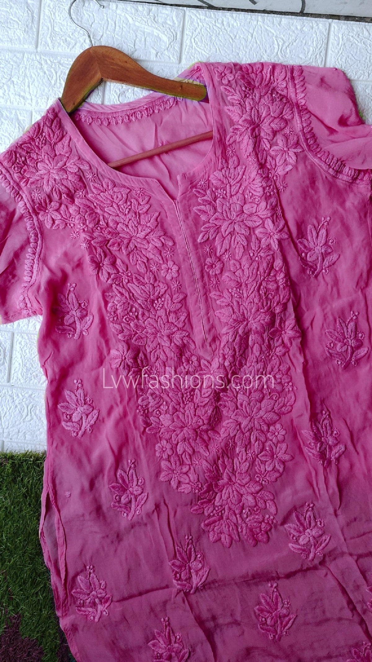 Luxurious LVW Fashion Neer Silk Chikankari Kurti with Inner, showcasing intricate embroidery and vibrant Tyrian color.