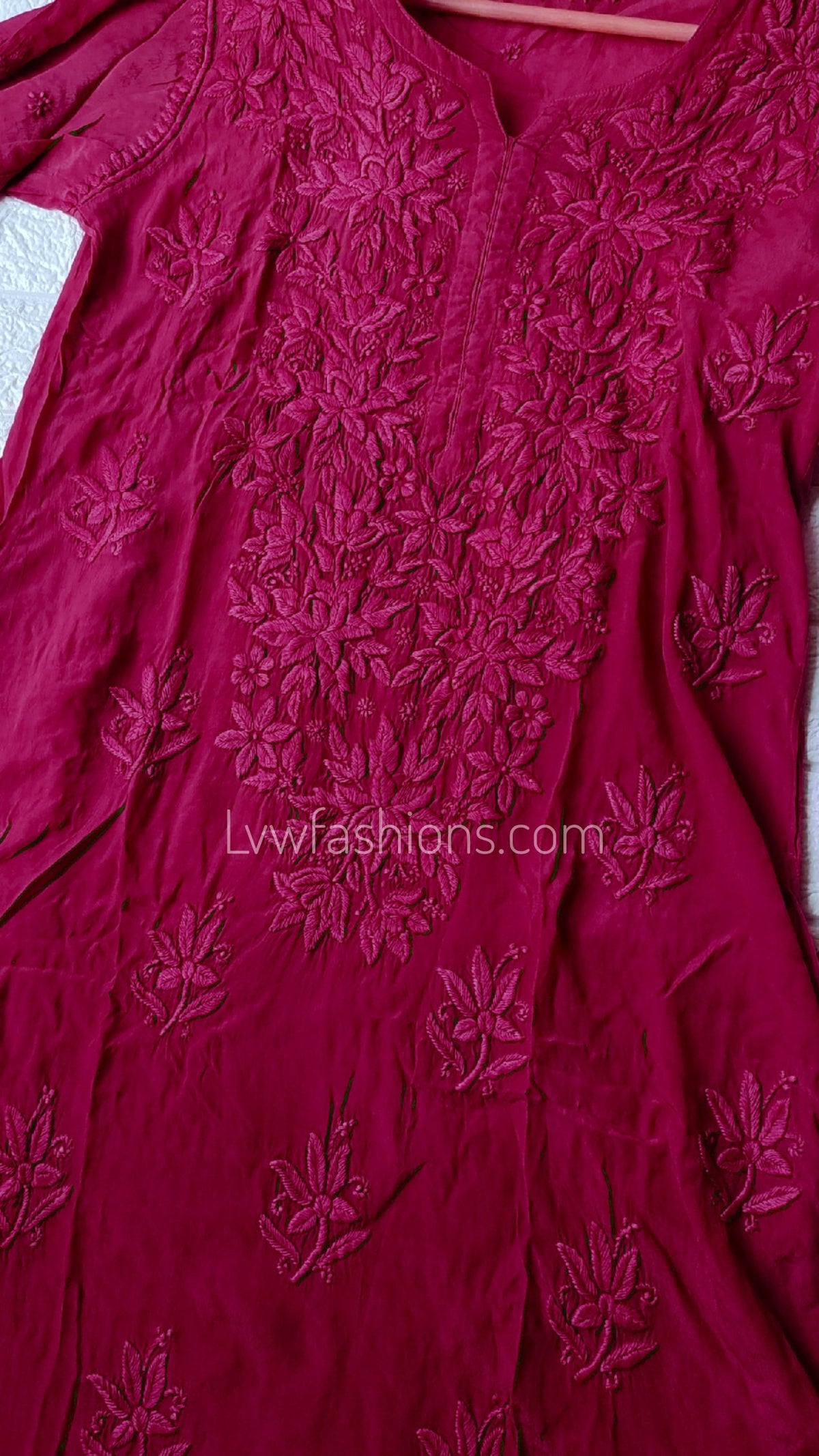 Neer Silk Chikankari Kurti by LVW Fashion with intricate embroidery and matching inner, in Tyrian color.