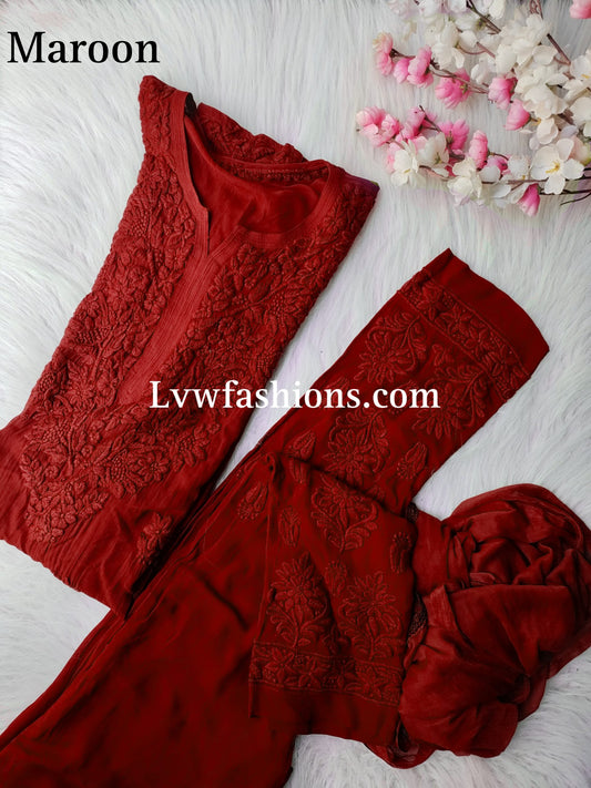 Luxurious LVW Fashion Noor Kurta Sets in premium georgette with pure Chikankari, three-piece set in Tyrian color.