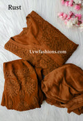 Luxurious LVW Fashion Noor Kurta Sets in pure georgette with intricate Chikankari embroidery, three-piece premium set in Tyrian color.