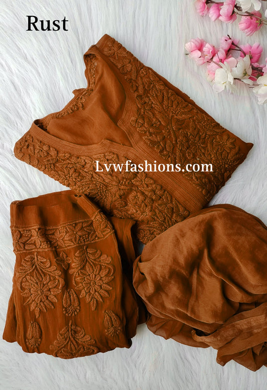 Luxurious LVW Fashion Noor Kurta Sets in pure georgette with intricate Chikankari embroidery, three-piece premium set in Tyrian color.