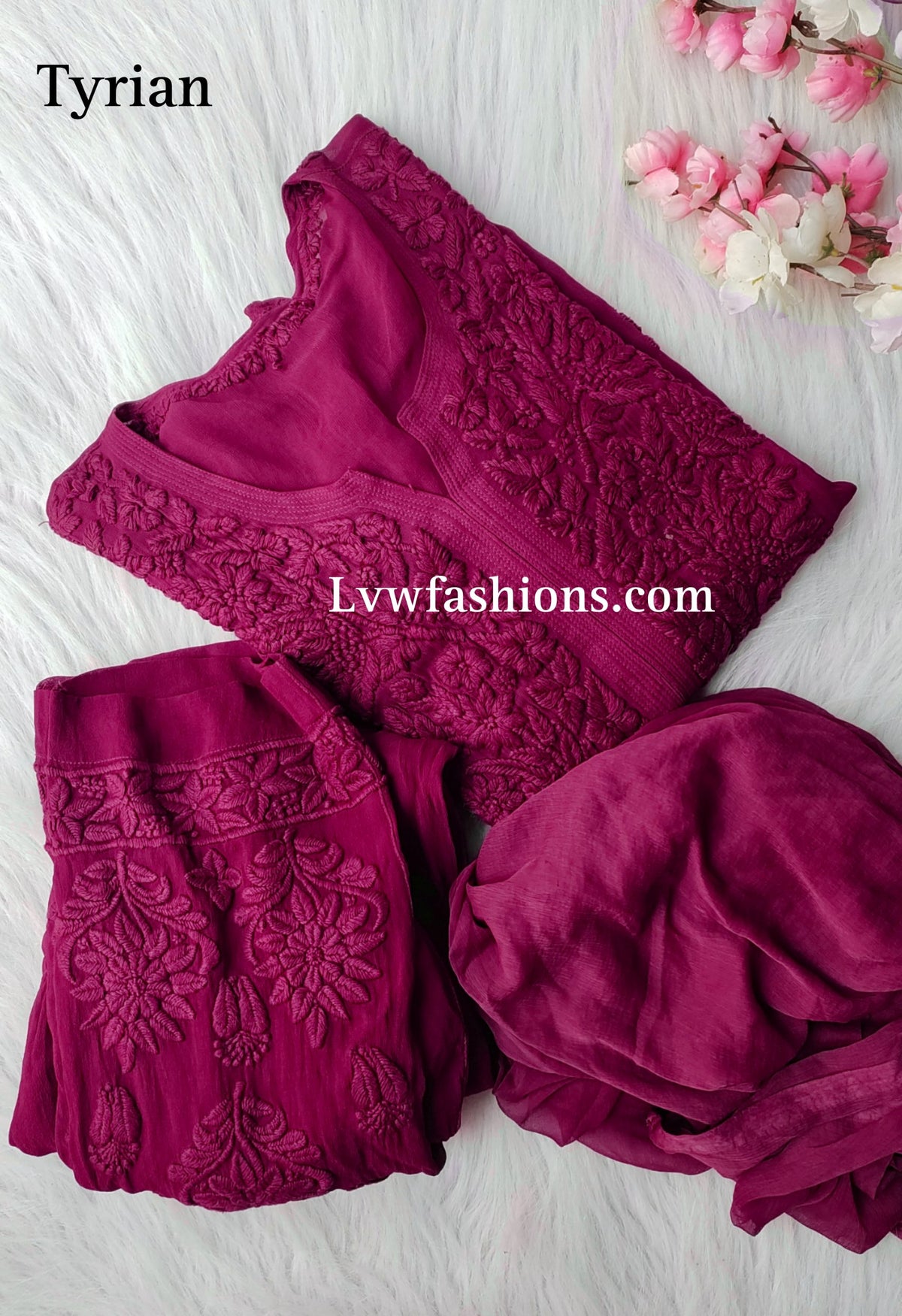 LVW Fashion Noor Kurta Sets in luxurious georgette with intricate Chikankari embroidery, 3-piece premium set in Tyrian color.