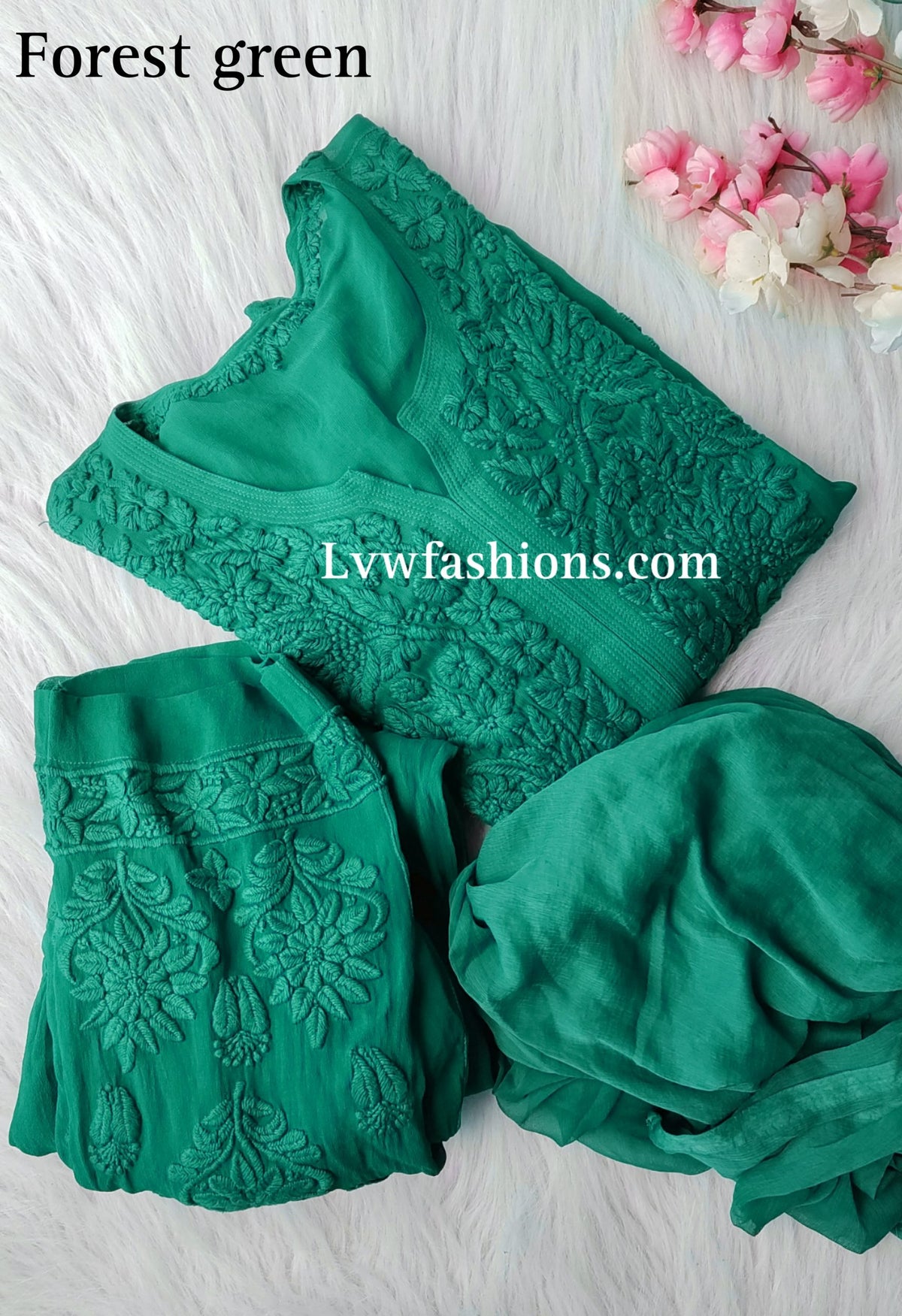 Luxurious LVW Fashion Noor Kurta Sets in pure georgette with intricate Chikankari embroidery, 3-piece set in Tyrian color.