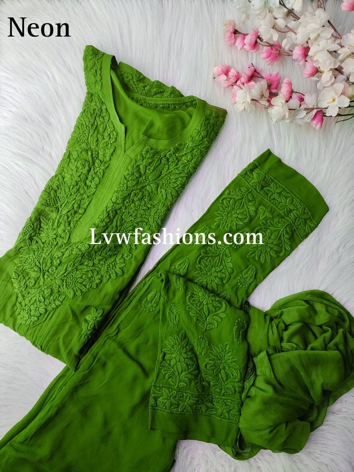 LVW Fashion Noor Kurta Sets in luxurious pure georgette with intricate Chikankari, three-piece premium Indian ethnic ensemble.