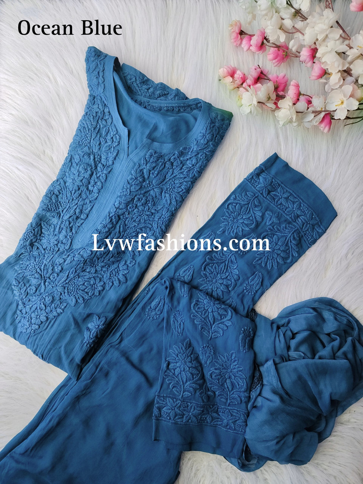 LVW Fashion Noor Kurta Sets in luxurious Georgette with intricate pure Chikankari, 3-piece set in Tyrian color.
